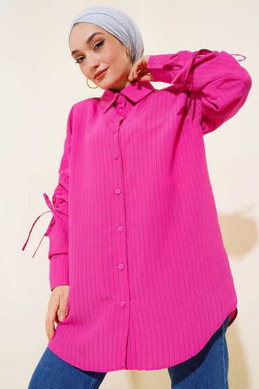 Kol Büzgülü Çizgili Gömlek Fuşya - Gömlek