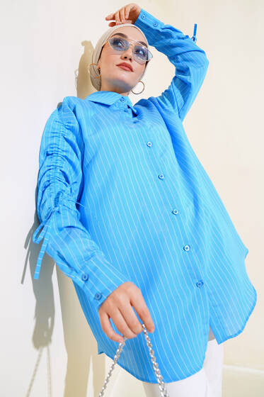 Kol Büzgülü Çizgili Gömlek Mavi - Gömlek