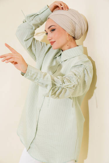 Kol Büzgülü Çizgili Gömlek Mint - Gömlek