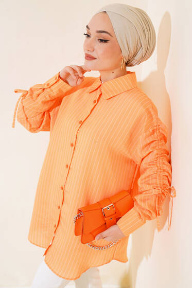 Kol Büzgülü Çizgili Gömlek Oranj - Gömlek