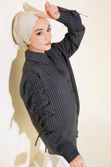 Kol Büzgülü Çizgili Gömlek Siyah - Gömlek