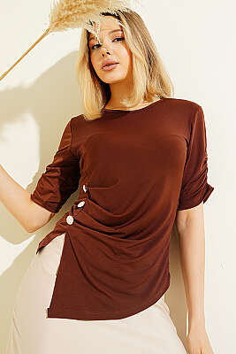 Kol Büzgülü Düğme Detaylı Sandy Bluz Kahve - Kadın Giyim Modelleri