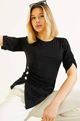 Kol Büzgülü Düğme Detaylı Sandy Bluz Siyah 