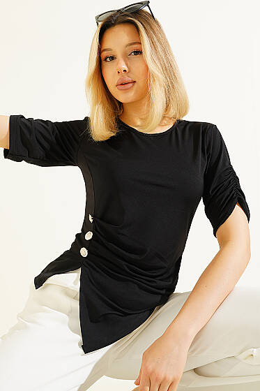 Kol Büzgülü Düğme Detaylı Sandy Bluz Siyah - Kadın Giyim Modelleri