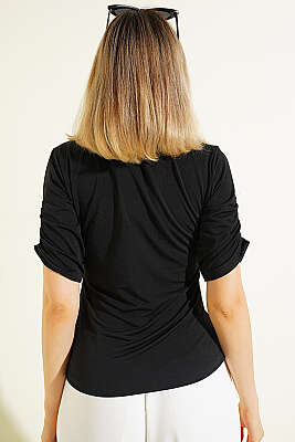 Kol Büzgülü Düğme Detaylı Sandy Bluz Siyah - Kadın Giyim Modelleri
