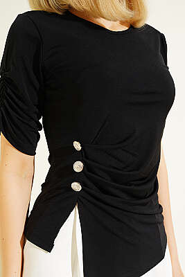 Kol Büzgülü Düğme Detaylı Sandy Bluz Siyah - Kadın Giyim Modelleri