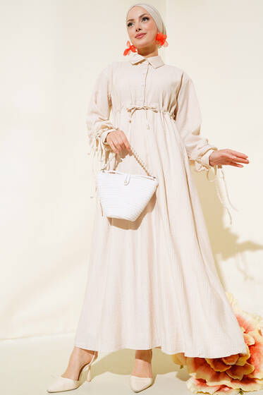 Kol Büzgülü Elbise Bej - Elbise