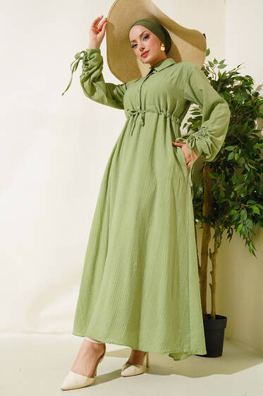 Kol Büzgülü Elbise Çağla Yeşili - Elbise