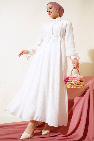 Kol Büzgülü Elbise Ekru - Elbise