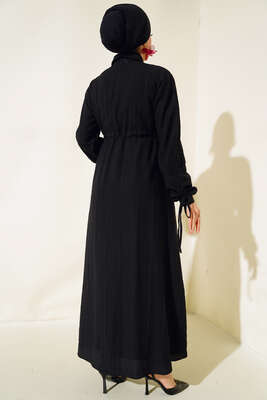 Kol Büzgülü Elbise Siyah - Thumbnail