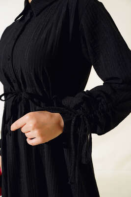 Kol Büzgülü Elbise Siyah - Thumbnail