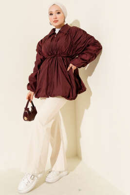 Kol Büzgülü Fermuarlı Trençkot Bordo - Trençkot