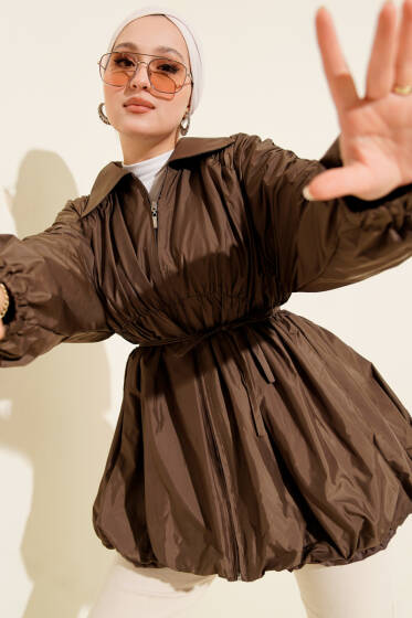 Kol Büzgülü Fermuarlı Trençkot Kahve - Trençkot