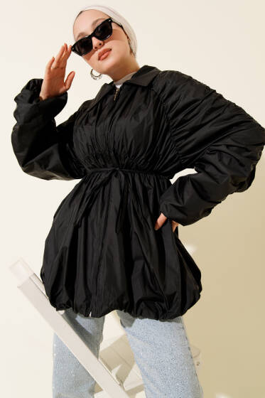 Kol Büzgülü Fermuarlı Trençkot Siyah - Trençkot