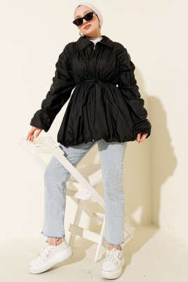 Kol Büzgülü Fermuarlı Trençkot Siyah - Trençkot