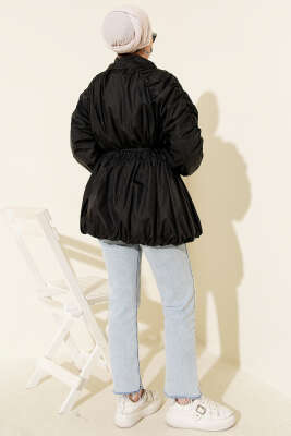 Kol Büzgülü Fermuarlı Trençkot Siyah - Trençkot