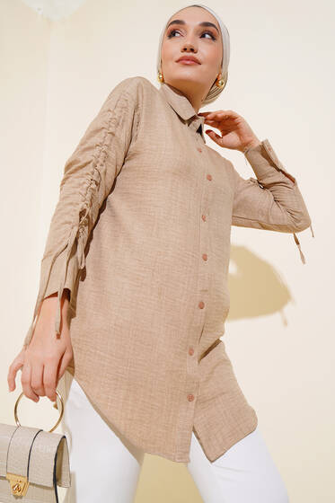 Kol Büzgülü Gömlek Bej - Gömlek