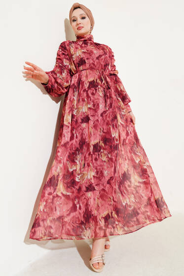 Kol Büzgülü Karışık Desen Şifon Elbise Gül Kurusu - Tesettür Elbise