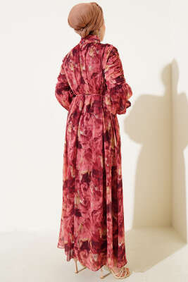 Kol Büzgülü Karışık Desen Şifon Elbise Gül Kurusu - Tesettür Elbise