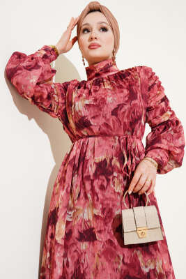 Kol Büzgülü Karışık Desen Şifon Elbise Gül Kurusu - Tesettür Elbise