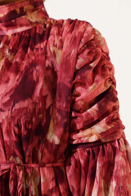 Kol Büzgülü Karışık Desen Şifon Elbise Gül Kurusu - Tesettür Elbise