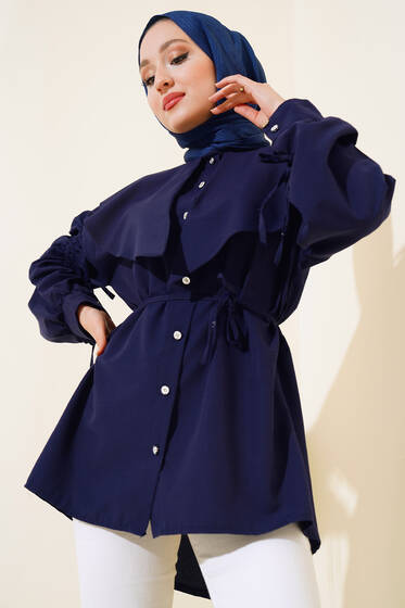Kol Büzgülü Pelerin Yaka Gömlek Lacivert - Gömlek