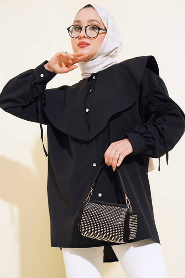 Kol Büzgülü Pelerin Yaka Gömlek Siyah - Gömlek