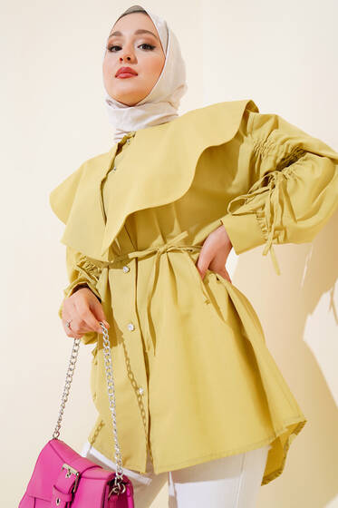 Kol Büzgülü Pelerin Yaka Gömlek Yağ Yeşili - Gömlek