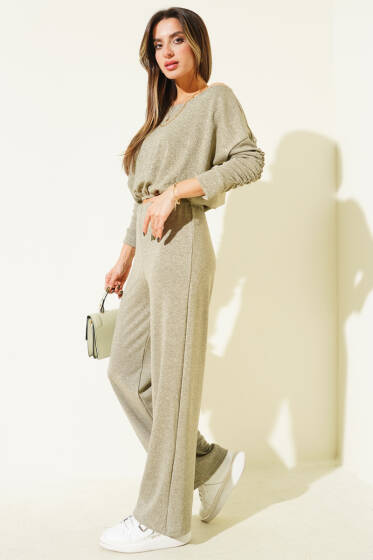 Kol Büzgülü Simli İkili Takım Vizon - Kadın Giyim Modelleri