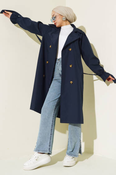 Kol Büzgülü Trençkot Lacivert - Trençkot
