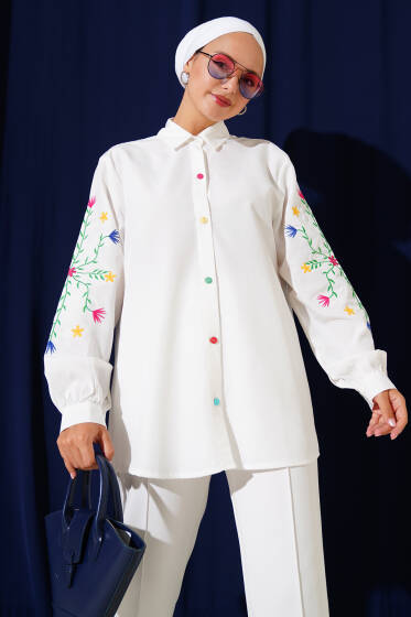 Kol Çiçek Nakışlı Gömlek Ekru - Gömlek