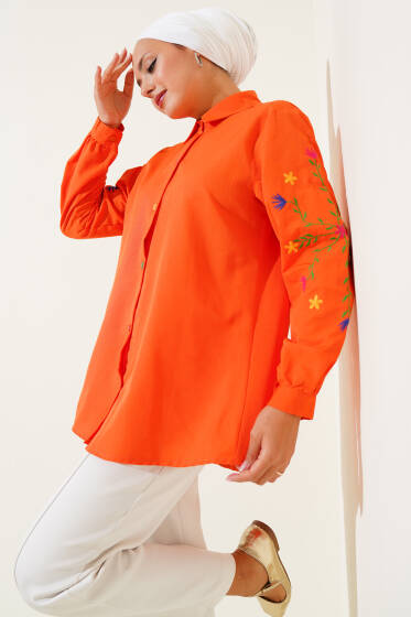 Kol Çiçek Nakışlı Gömlek Oranj - Gömlek