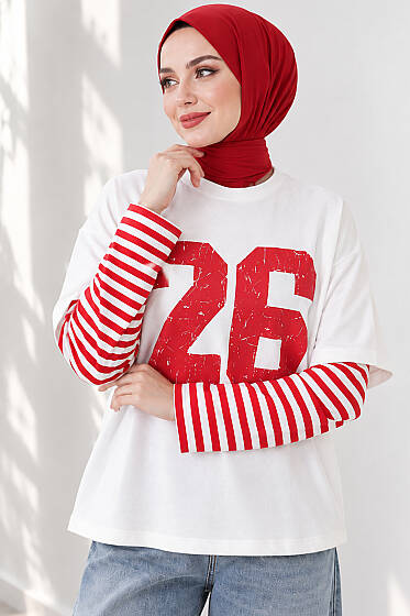 Kol Çizgili 26 Baskılı Tunik Kırmızı - Tunik