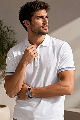 Kol Çizgili Polo Yaka Düğmeli Erkek T-shirt Beyaz - HİT TİME