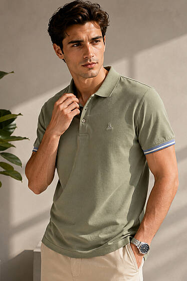 Kol Çizgili Polo Yaka Düğmeli Erkek T-shirt Haki - Erkek Polo Yaka Tişört