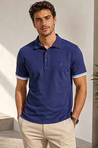 Kol Çizgili Polo Yaka Düğmeli Erkek T-shirt Lacivert - Erkek Polo Yaka Tişört