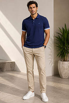 Kol Çizgili Polo Yaka Düğmeli Erkek T-shirt Lacivert - Erkek Polo Yaka Tişört
