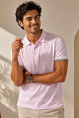 Kol Çizgili Polo Yaka Düğmeli Erkek T-shirt Pembe 