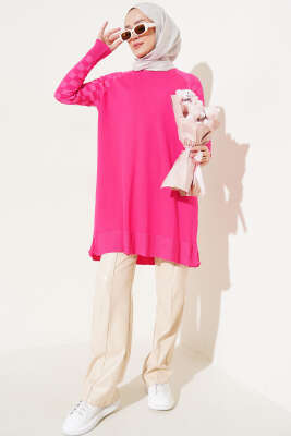Kol Dama Desenli Triko Tunik Fuşya - Triko Tunik