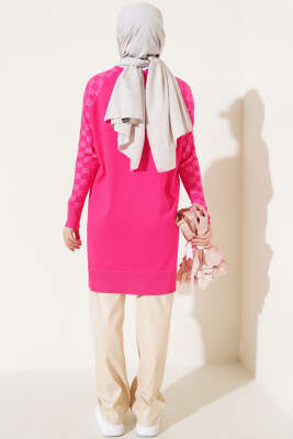 Kol Dama Desenli Triko Tunik Fuşya - Triko Tunik