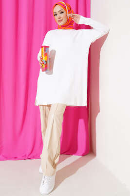 Kol Dama Desenli Triko Tunik Kemik - Triko Tunik