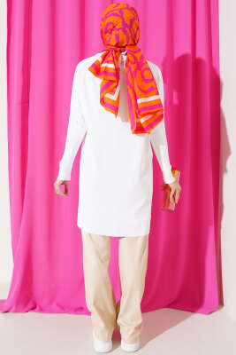 Kol Dama Desenli Triko Tunik Kemik - Triko Tunik