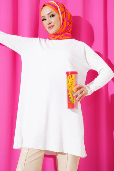 Kol Dama Desenli Triko Tunik Kemik - Tunik