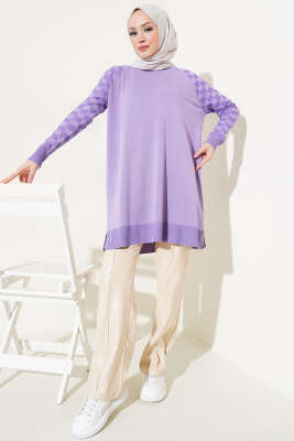 Kol Dama Desenli Triko Tunik Lila - Triko Tunik