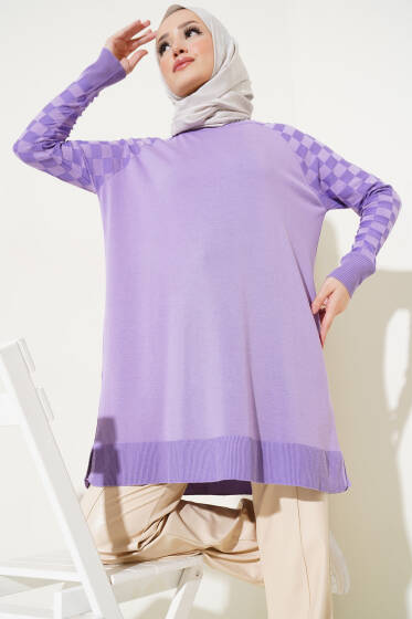 Kol Dama Desenli Triko Tunik Lila - Tunik