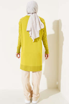 Kol Dama Desenli Triko Tunik Yağ Yeşili - Triko Tunik