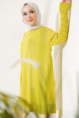 Kol Dama Desenli Triko Tunik Yağ Yeşili - Triko Tunik