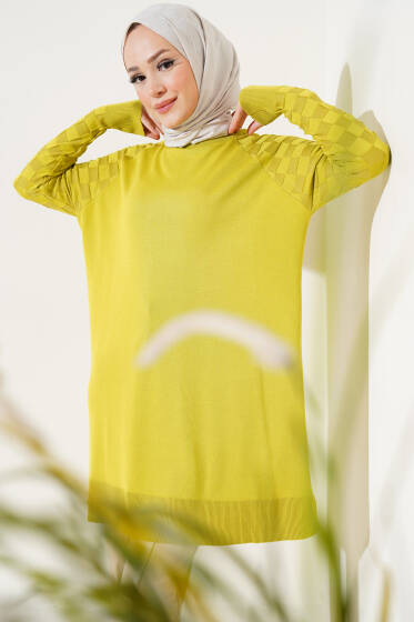 Kol Dama Desenli Triko Tunik Yağ Yeşili - Tunik