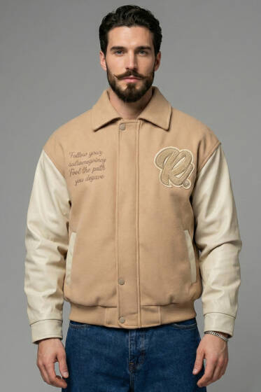 Kol Deri Nakışlı Erkek Mont Bej - Günün Seçilenleri