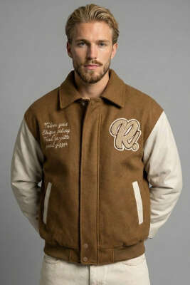 Kol Deri Nakışlı Erkek Mont Taba - GAVAZZİ